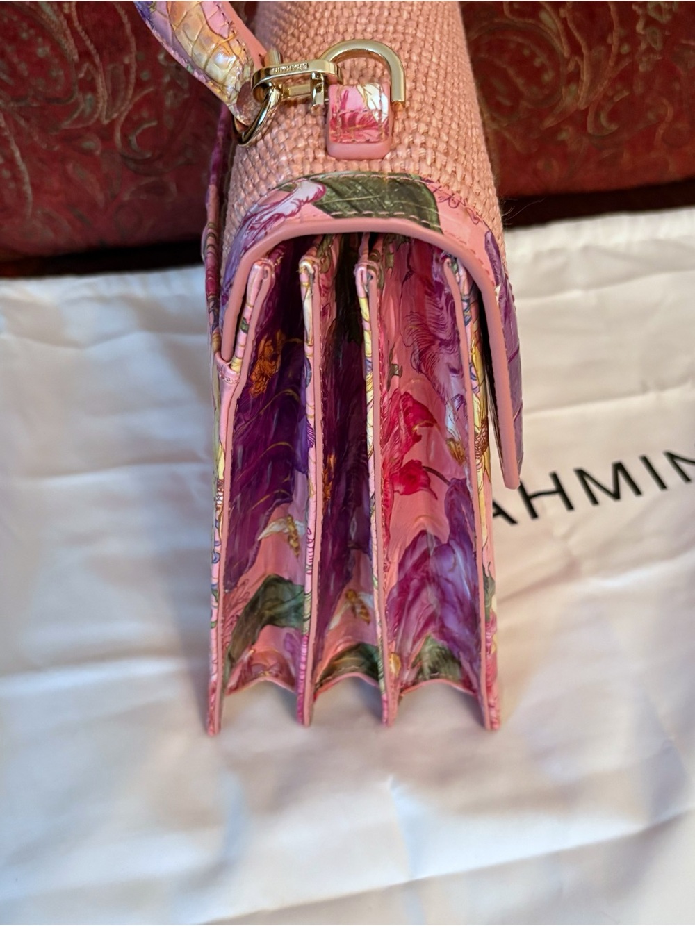Brahmin Hallie Straw and Croc Embossed Pink Satchel with Floral Trim - Picture 7 of 9